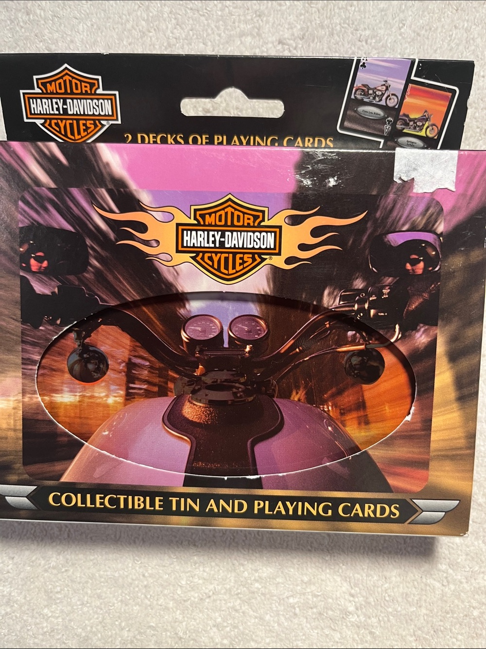 Harley-Davidson Pink and Orange Motorcycle Collectible Tin with Playing Cards